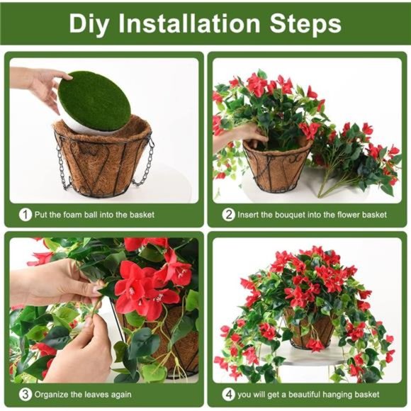 Artificial Flowers Hanging Basket with 4Pcs Bougainvillea Silk Vine Flowers - Picture 4 of 6